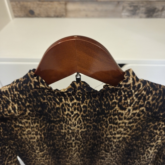 The Kooples Leo Print Long Sleeve Shirt With Ruffled Collar & Wrist- Black &Gold - Picture 9 of 10